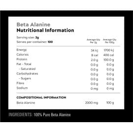 Beta Alanine by Switch Nutrition Nutritional Panel