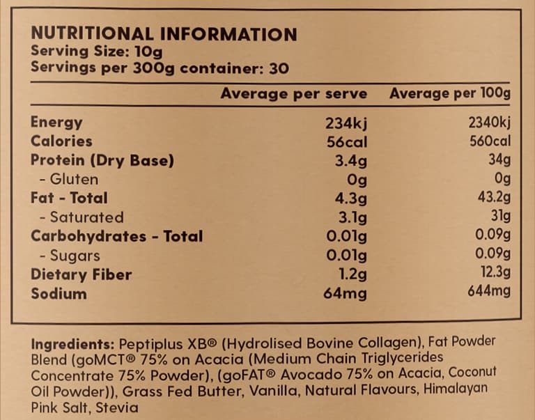 Ketao Collagen Creamer Nutritional Panel